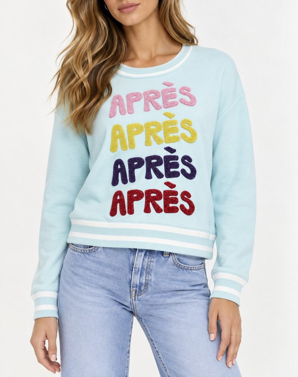 Alice + Olivia Gleeson Apres Ski Pullover Sweater S Blue Embellished Crewneck